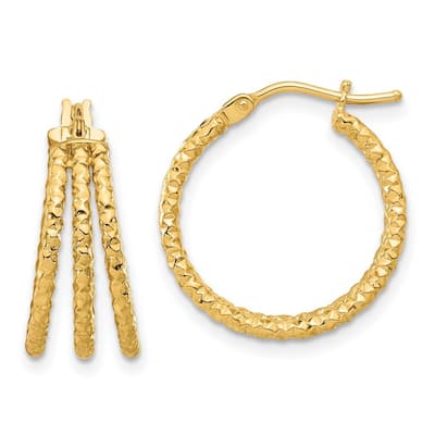 Curata 14k Yellow Gold Polished and Textured Three Row Hoop Post Earrings - 19.45x18.7mm