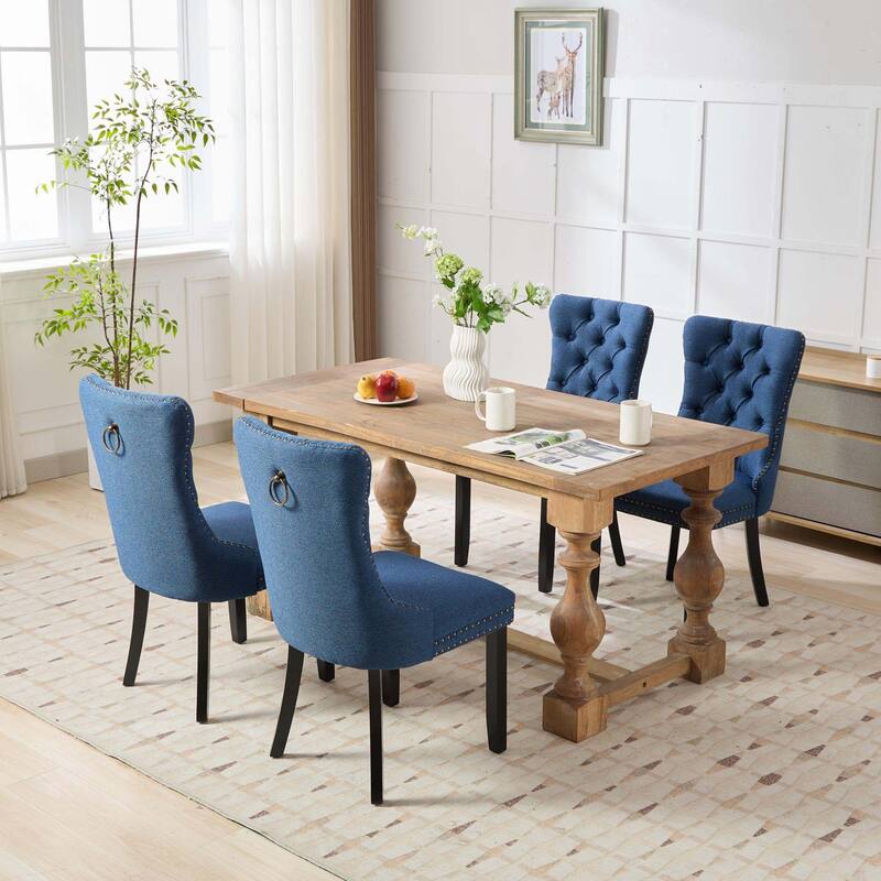 High-end Tufted Solid Wood Linen Dining Chair with Wood Legs Nailhead Trim 2-Pcs Set