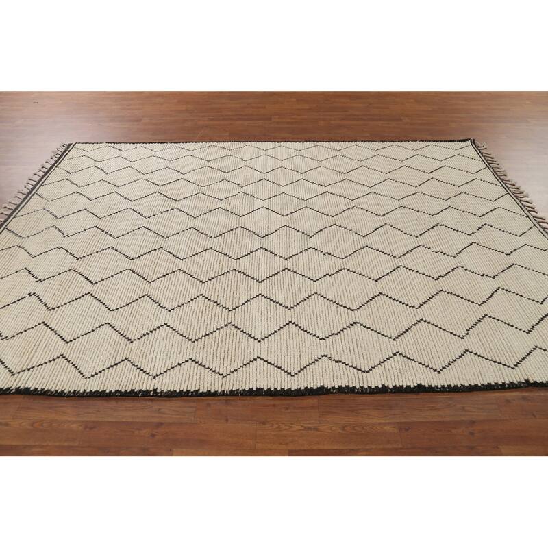 All-Over Geometric Ivory Moroccan Area Rug Handmade Wool Carpet - 6'2"x 9'3"