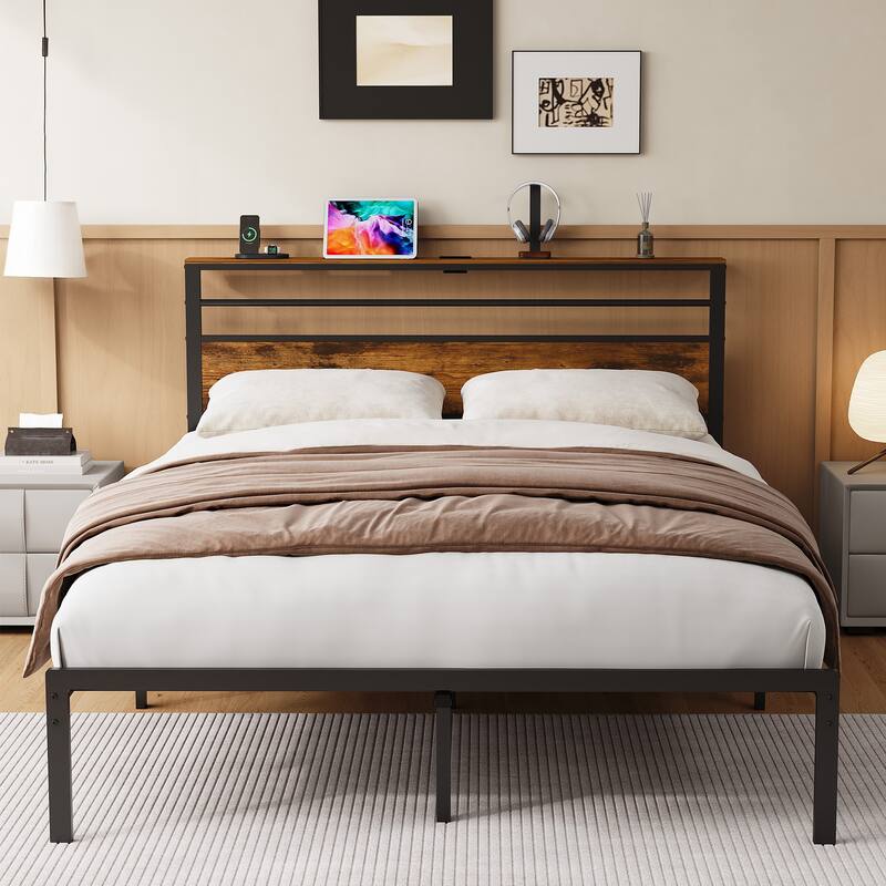 Vintage Industrial Bed Frame with Storage & LED Lights
