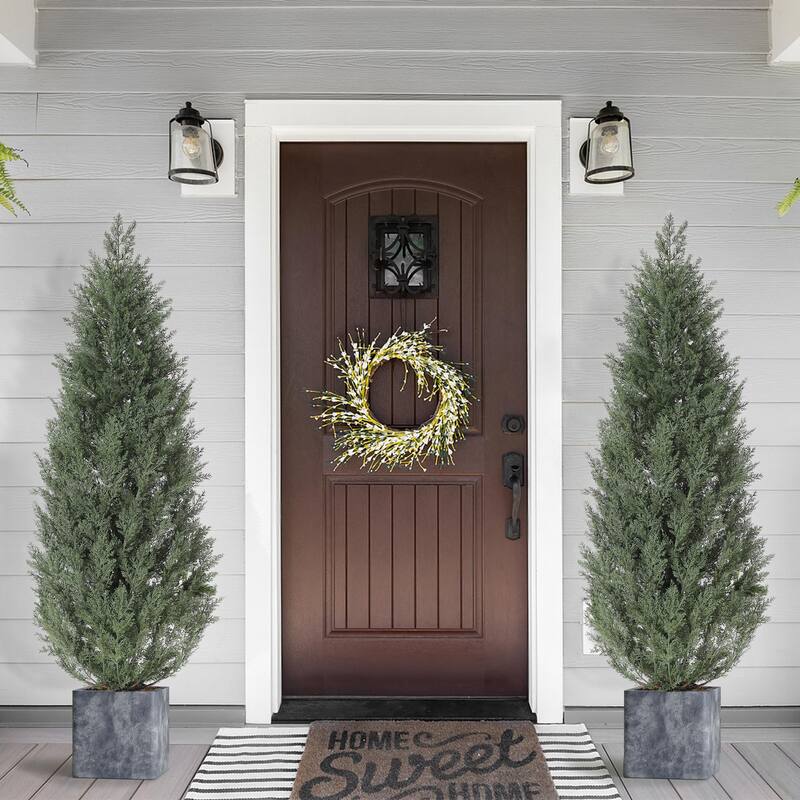 2 Pcs 4 FT Artificial Cedar Trees, Artificial Cypress Topiary Tree with Cement Flower Pot