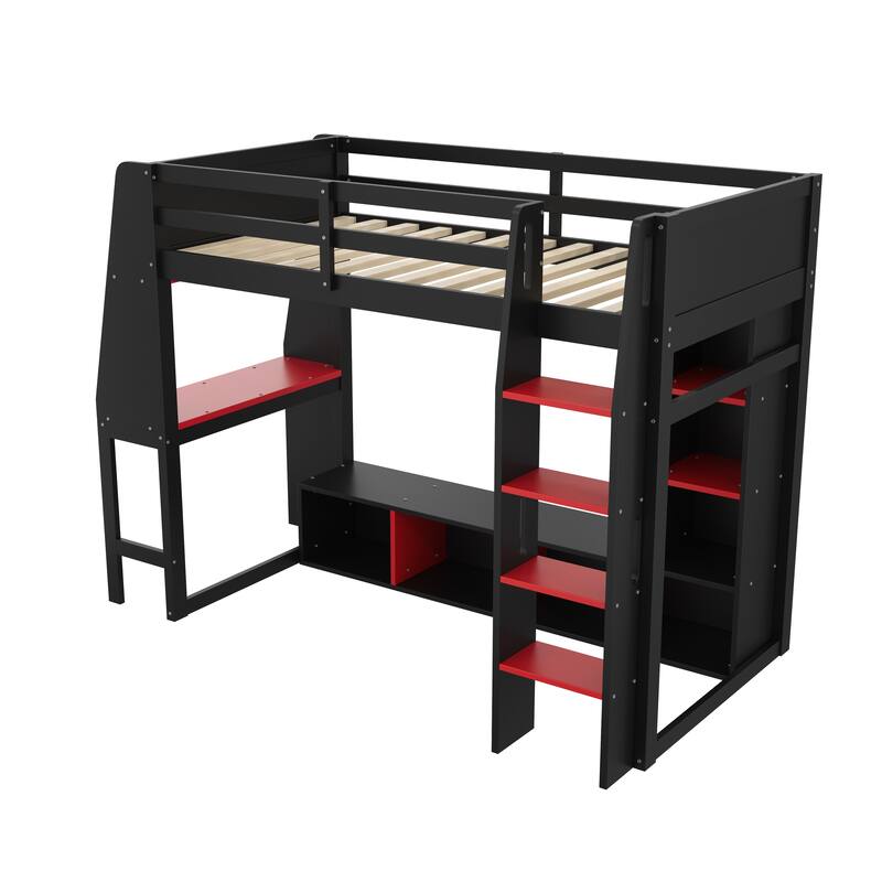 Black Gaming Loft Bed with Desk, Cabines Shelves, LED and Clothes Rack