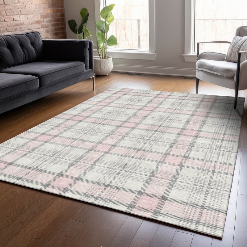 Machine Washable Indoor/ Outdoor Casual Plaid Chantille Rug - Pink - 8' x 10'