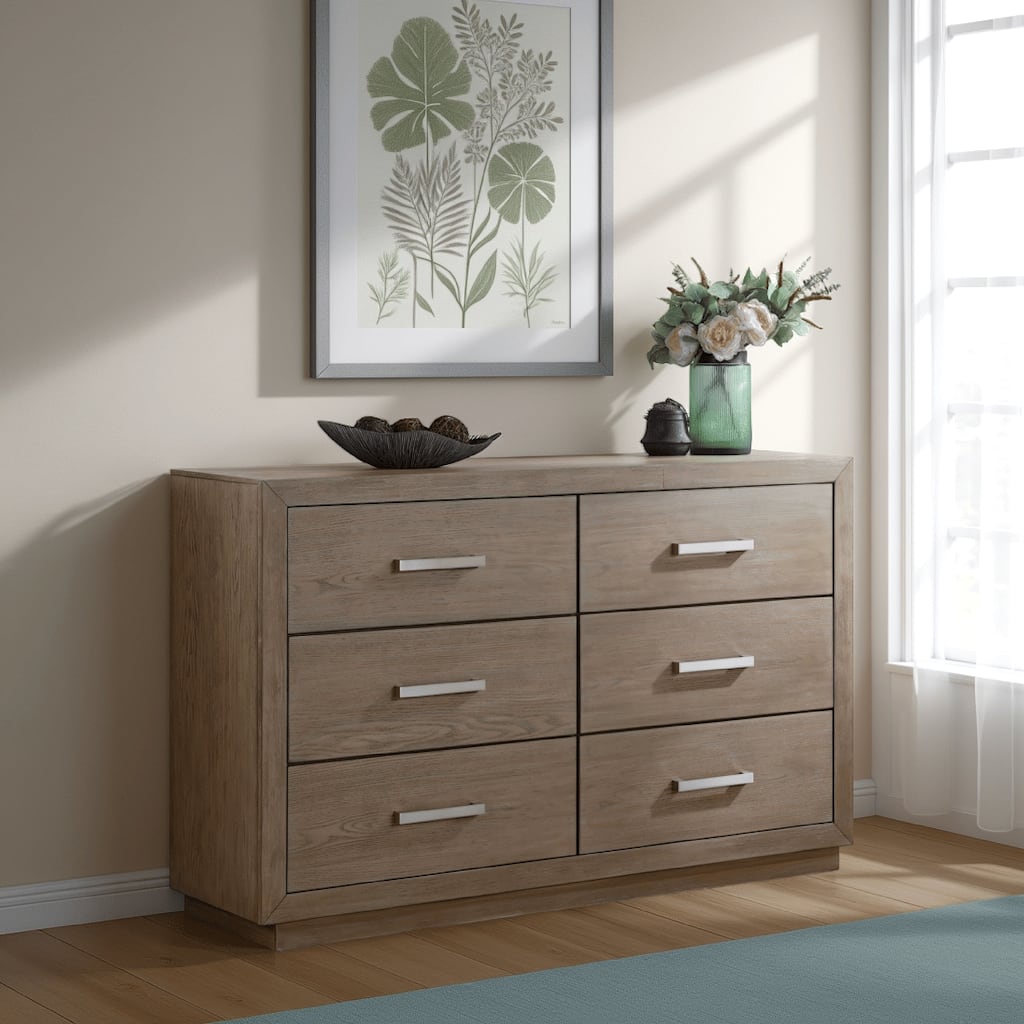 Keno Wide Dresser, 6 Drawers, Metal Bar Handles, Brown Acacia Wood