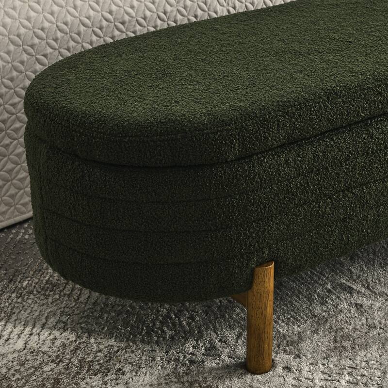 Small Ottoman Oval Storage Bench with Rubber Wood Leg Bedroom Upholstered Footstool Bench with Hidden Storage