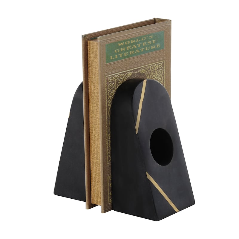 Black Marble Curved Pyramid Geometric Decorative Bookends with Diagonal Gold Stripes (Set of 2)