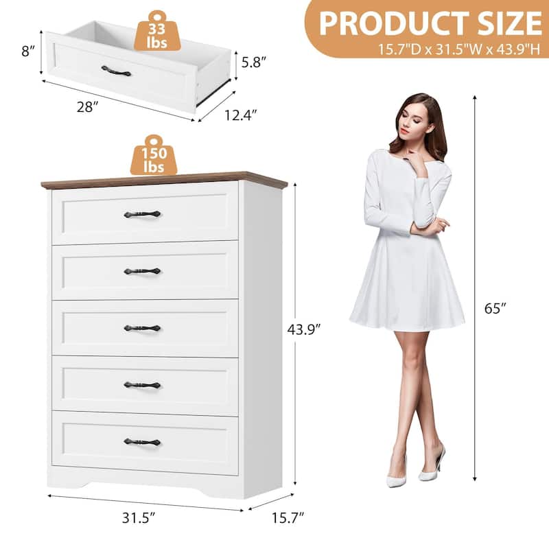 5/6 Drawers Dresser for Bedroom,Chest of Drawers with Wide Metal Handle,Farmhouse Modern Wooden Dresser