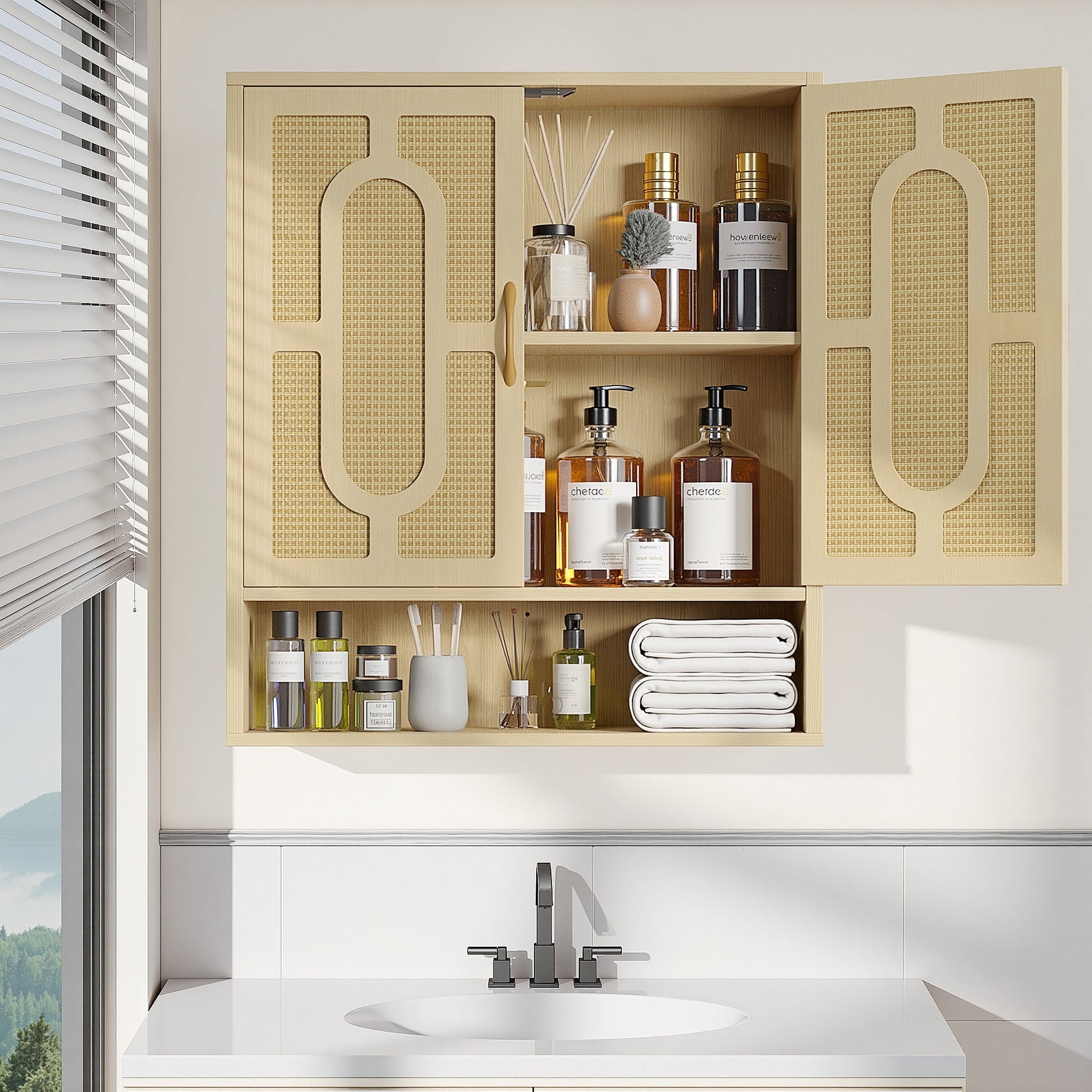 VECELO Oak Finish Wall Mounted Bathroom Cabinet Double Door Woven Rattan Medicine Cabinet with Adjustable Shelves & Open Storage