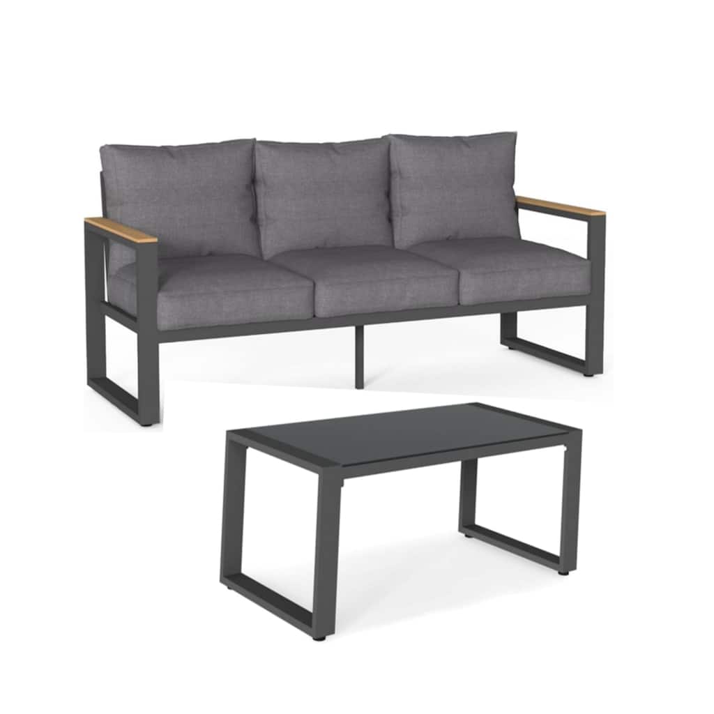 2-Piece 3-Seat Sofa Couch Set, 75" Sofa and Glass Coffee Table