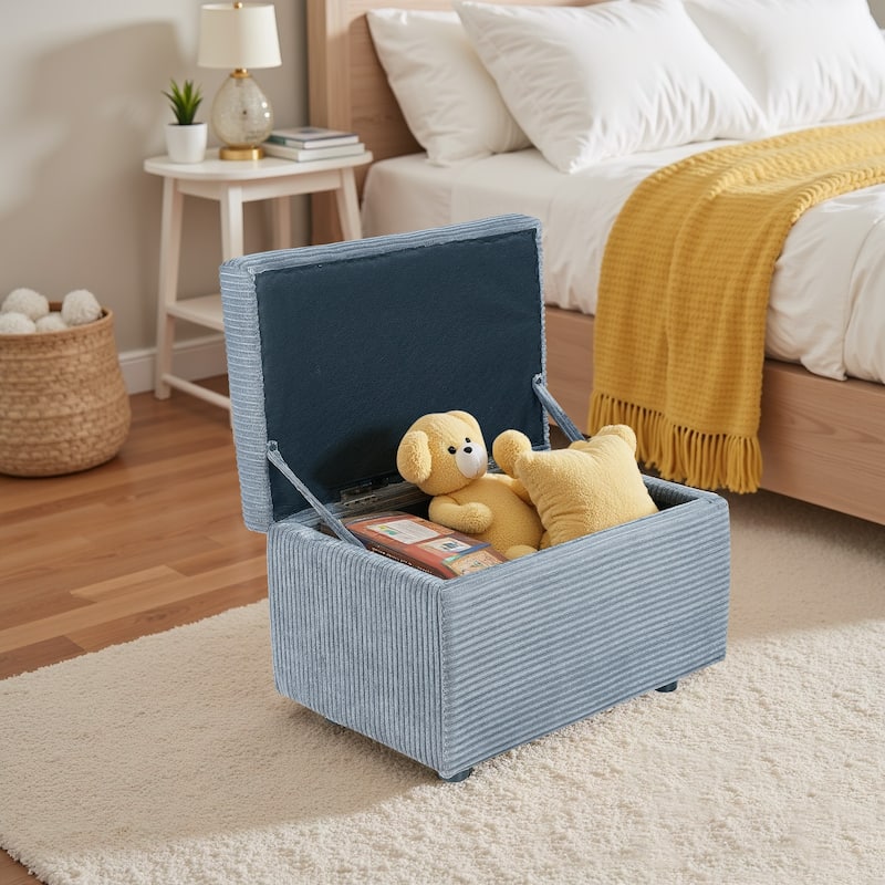 25 in.W Corduroy Upholstered Flip Top Storage Ottoman Footstool w/ Hide Hidden Storage & Solid Wood Legs