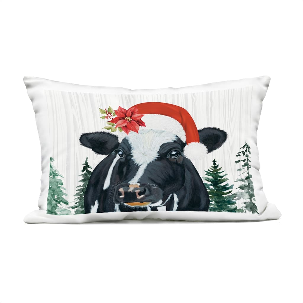 Stupell Christmas Hat Cow Portrait Printed Outdoor Throw Pillow Design by Ashley Justice