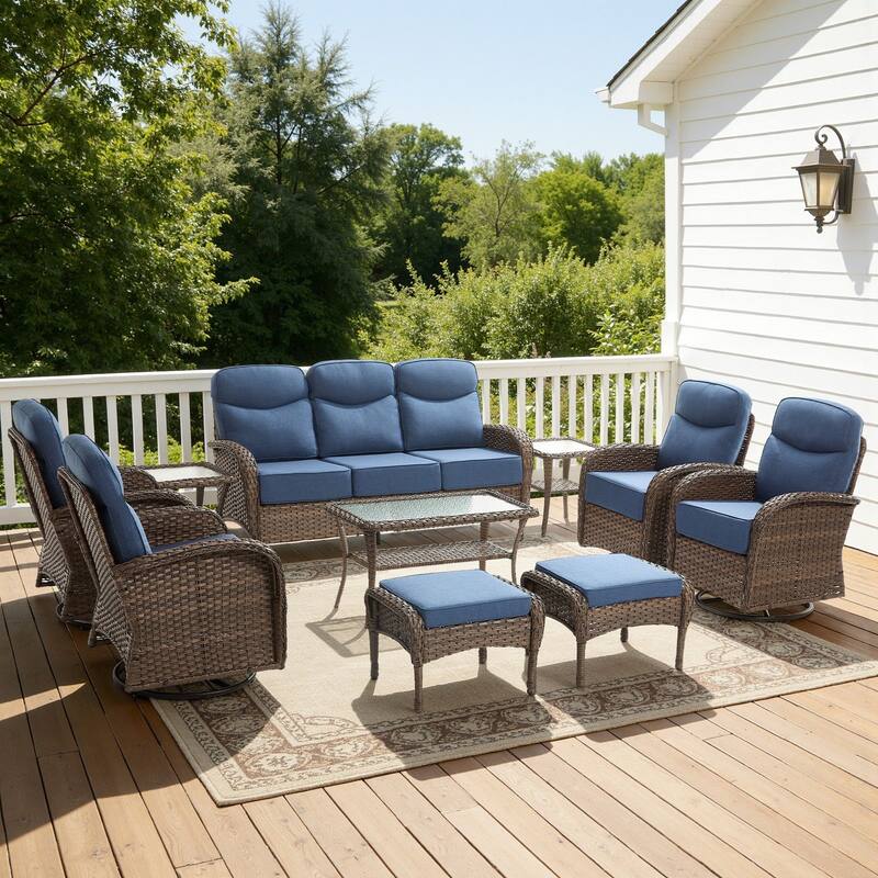 Luna 10-Piece Wicker Patio Conversation Set with Swivel Gliders and 6-Inch Thick Olefin Cushions