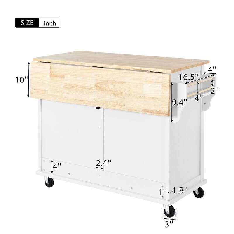 52.20'' Rubberwood Kitchen Cart with Drop-leaf, Sliding Door, Adjustable Shelf, Removable Wheels and 2 Drawers
