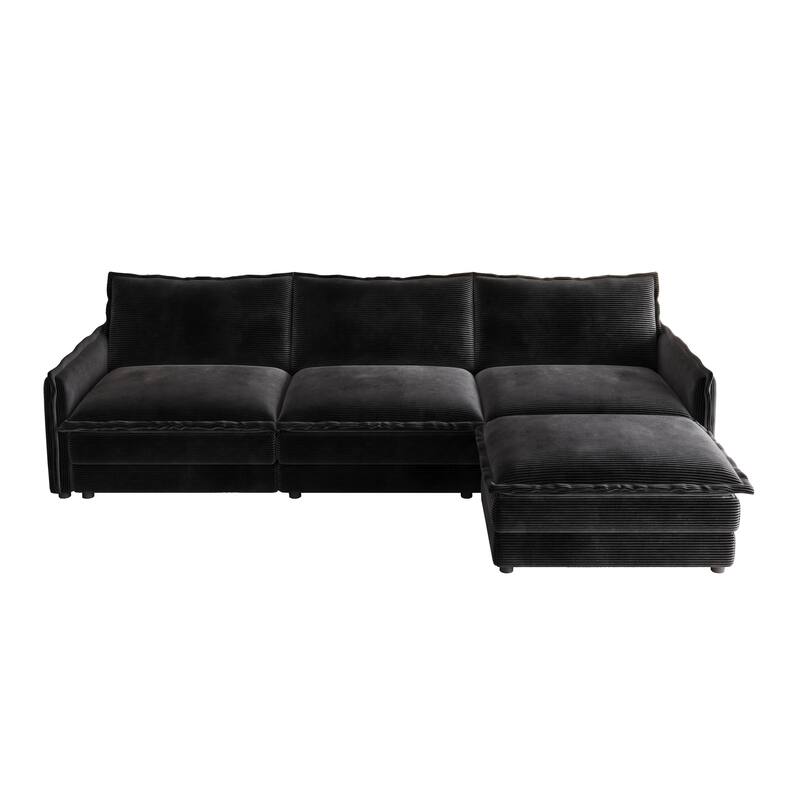 Living Room Cloud Sofa with Ottoman Chaise, 3-seater Upholstered Sectional Couch Corduroy Daybed Deep-seat Recliner Sofas