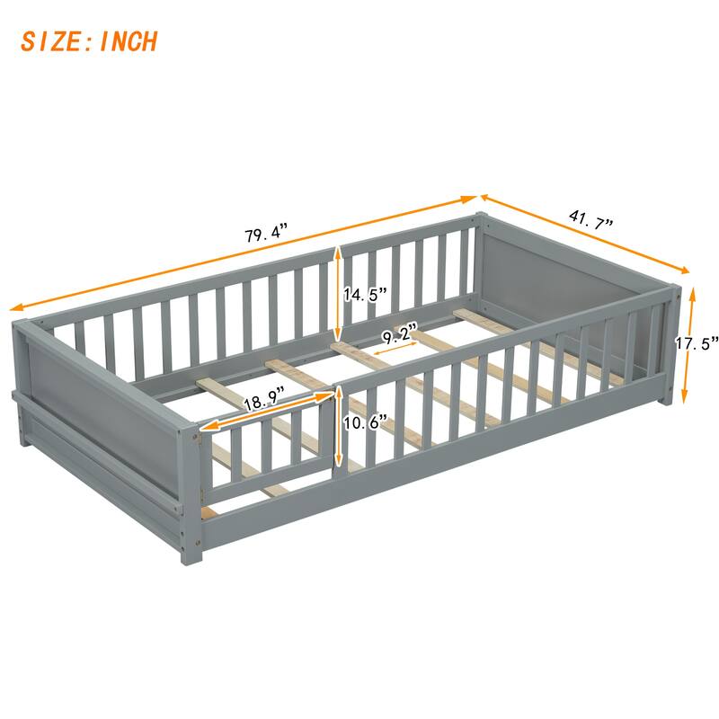 Grey Twin Size Pine Wood Floor Platform Bed with Storage Rack