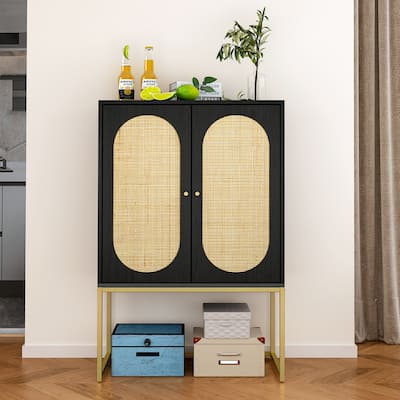 Rattan Decor Home Office Storage Cabinet, 2-Door Accent Cabinet with Adjustable Shelf - N/A