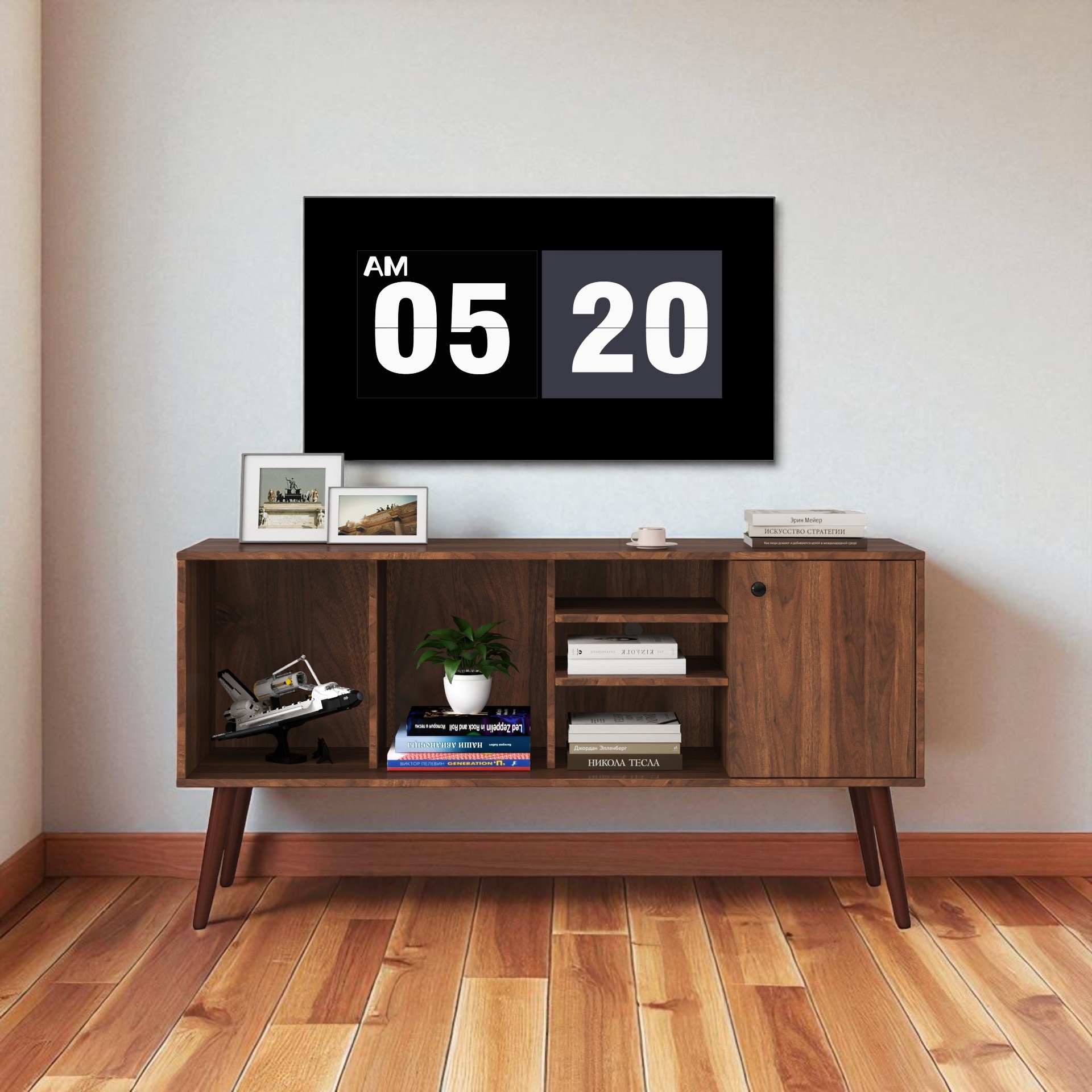 TV Stand for 50-59 Inch TVs, Entertainment Center with 1 Cabinet and 3 Open Shelves, Wood Media Console for Living Room Storage