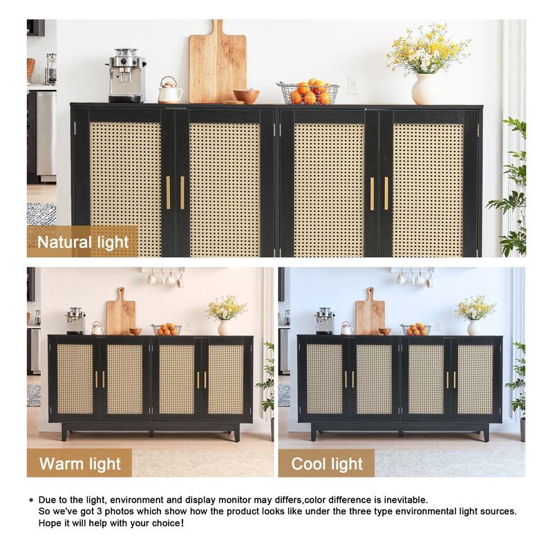 Modern 4 Door Wood Rattan Buffet Sideboard Storage Cabinet
