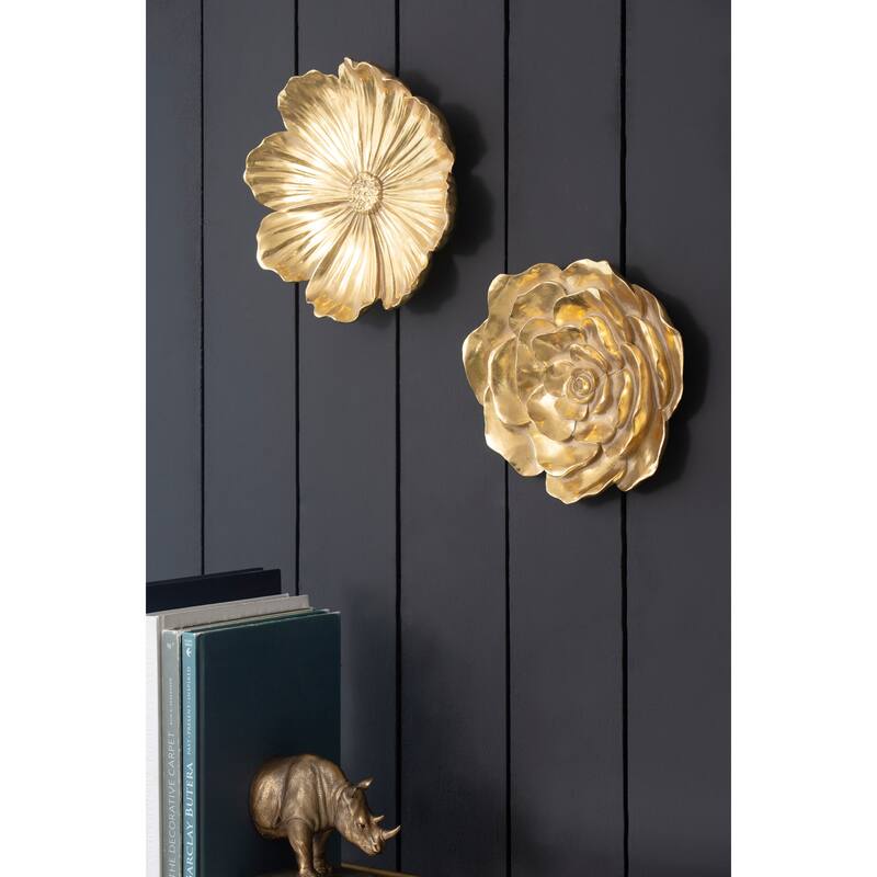 Contemporary Rose Hanging Wall Decor with Gold Resin Floral Sculpture, for Living Room Hallway Bedroom Office