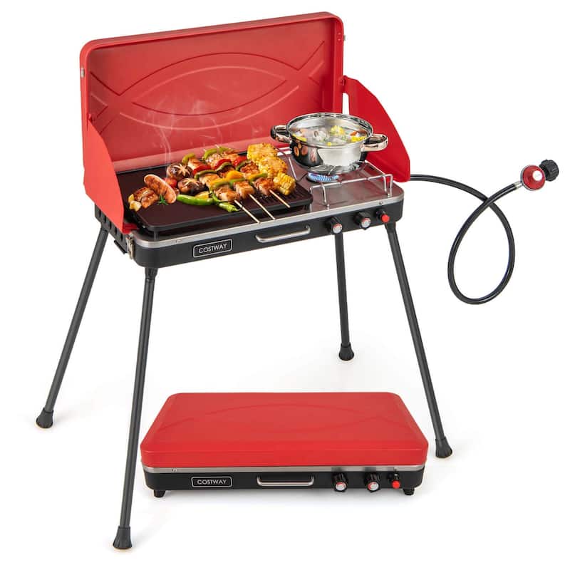 Portable Camp Grill 2-Burner Propane Camping Stove w/ Detachable Legs - Red