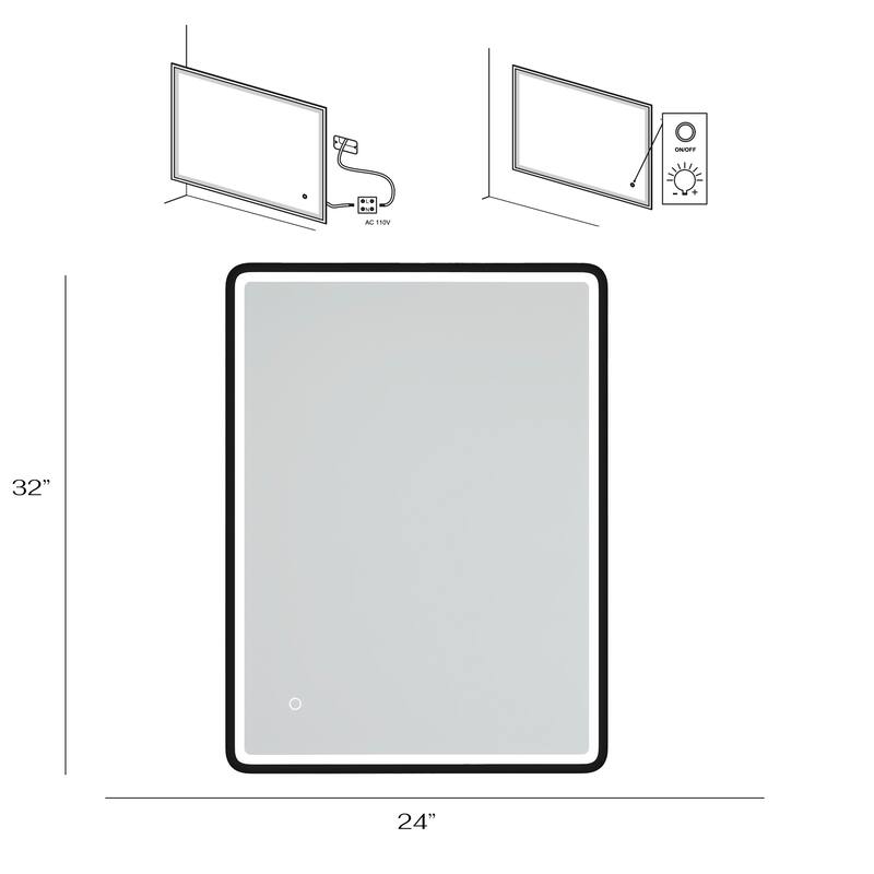 32 x 24 in. Rectangular Mirror Wall-Mount Anti-Fog LED Light Bathroom Vanity Mirror - Black