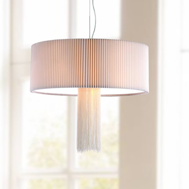SAFAVIEH Lighting Anushree Adjustable 3-Light Chrome Pendant - 23.625"x23.625"x29 - 95 - Chrome/Cream - 24Wx24Dx95H