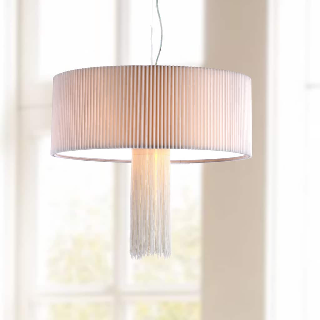 SAFAVIEH Lighting Anushree Adjustable 3-Light Chrome Pendant - 23.625"x23.625"x29 - 95 - Chrome/Cream - 24Wx24Dx95H