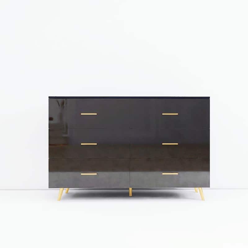 Modern Dresser Chest With 6 Drawers and Golden Handle，High Glossy Surface