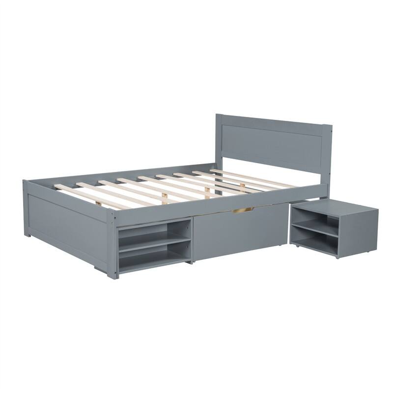 Twin/Full Size Platform Bed with Drawer and 2 Storage Shelves, Modern Bed Frame with Headboard and Large Storage Space