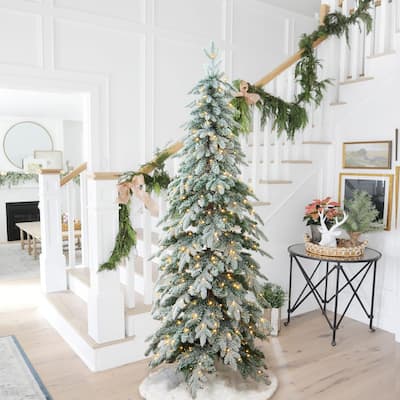 Glitzhome Pre-Lit Flocked Pencil Spruce Artificial Christmas Tree with Warm White Lights