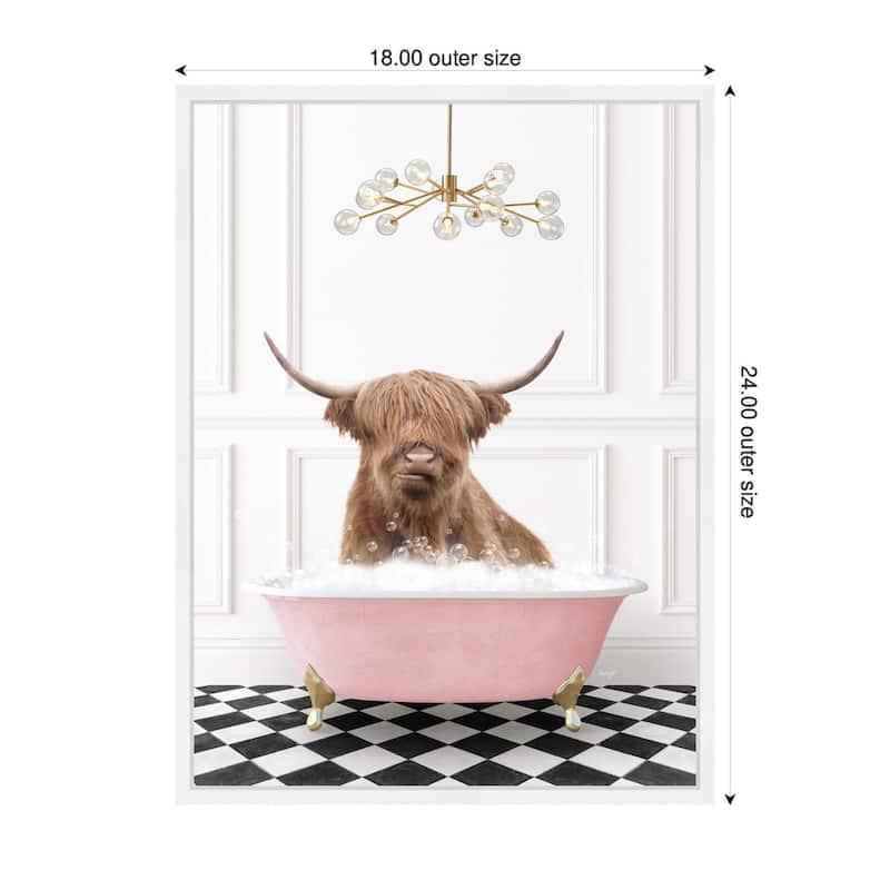 Kate and Laurel Sylvie Highland Cow in Pink Bathtub on Checker Floor Framed Canvas by Amy Peterson