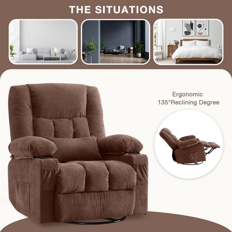 Swivel Rocker Recliner Chair with Vibration Massage, Ergonomic Chair with Side Pocket, 2 Cup Holders, USB Charge Port
