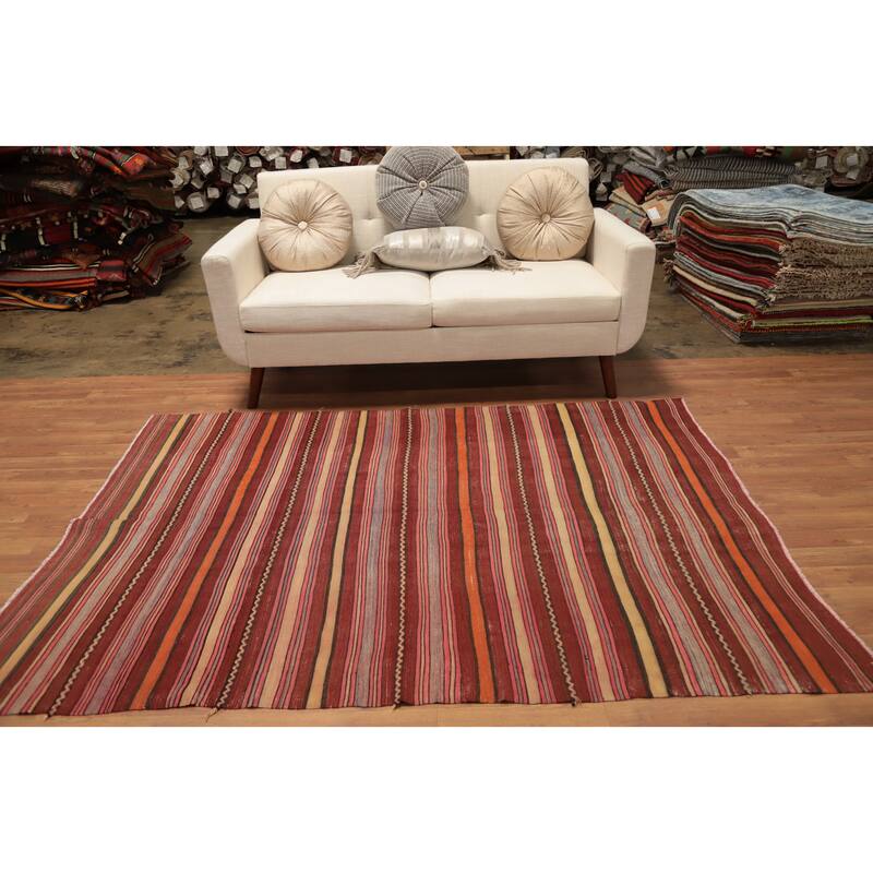 Hand Woven Oriental 100% Wool Carpet Southwestern Geometric Oranges & Rust Kilim Area Rug - 6' 8'' X 4' 9''