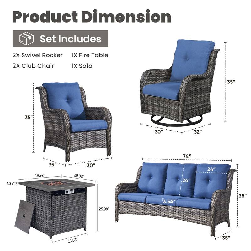 Gymojoy 6-Piece Outdoor Wicker Patio Furniture with Fire Pit Table, Rattan Coversation Set with Water Resistant Thick Cushions