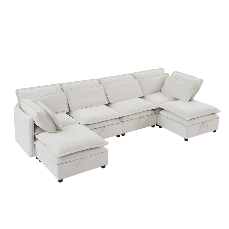 U-Shaped Modular Sectional Sofa with 2 Storage Ottomans, Convertible Sectional Sofa Bed, 6 Seater Sofa with Throw Pillows