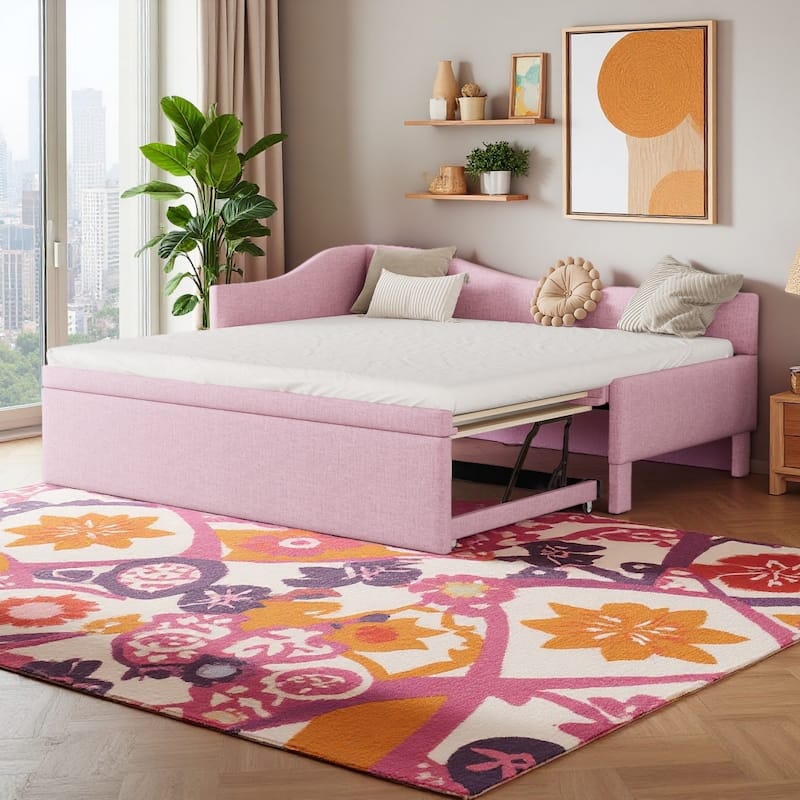 Twin-to-King L-Shaped Upholstered Daybed with Pop-Up Trundle by Harper&Bright Designs - Pink