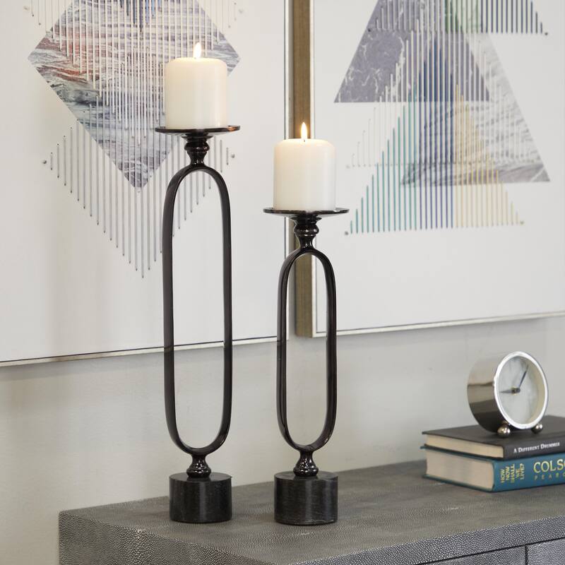 Gold, Black or Silver Aluminum Metal Paper Clip Pillar Decorative Candle Holder with Marble Base (Set of 2)