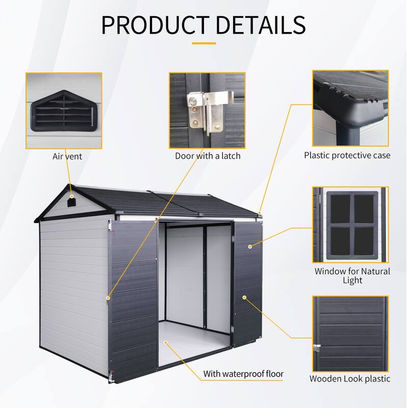 Resin Outdoor Storage Shed UV-Proof Garden Tool Shed with Sloping Roof & Lockable Double Doors, Built-in Floor