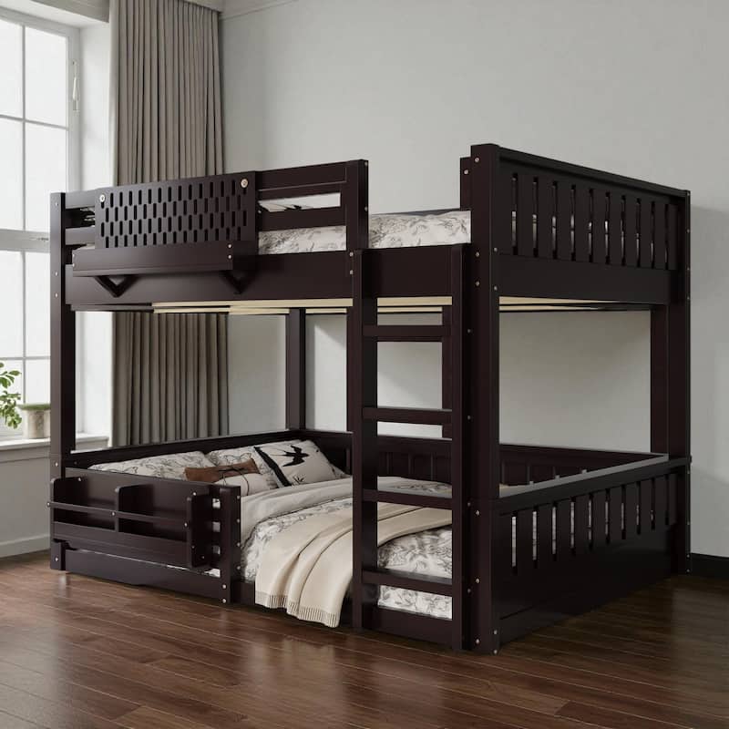 Queen over Queen Bunk Bed with Ladder, Guardrails, Pegboard Storage & Built-In Bookshelf, Solid Wood Frame