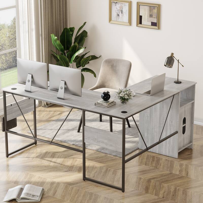 60'' L Shaped Desk with Storage Cabinet Office Computer Desk