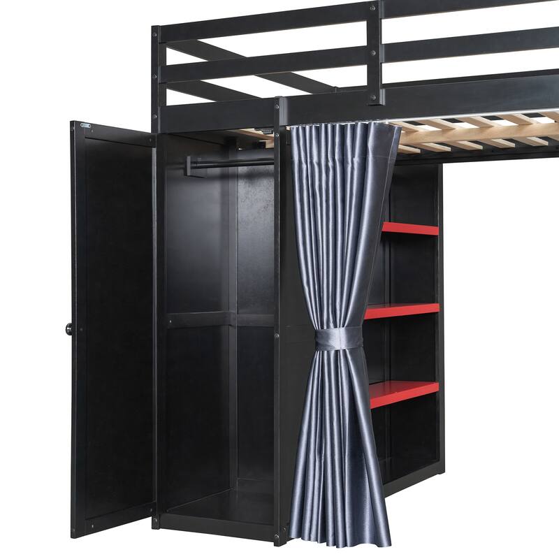 All-in-One Loft Bed Full Size Bedframe with Wardrobe, Shelves, Blackout Curtains, Pegboard, Charging Station and RGB Light Strip