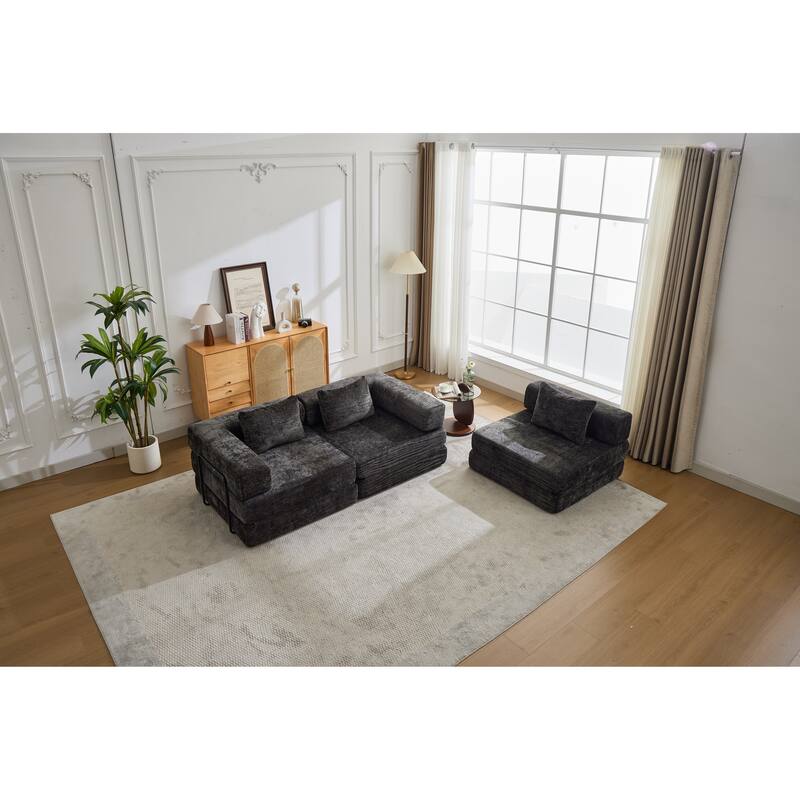 Chenille Fabric Compression Sofa, Boneless Modular Sectional Sofa, Convertible Floor Sofa Bed with Fixed-Shape Frame