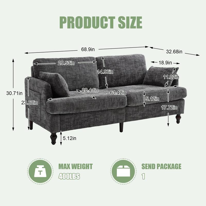 Modern Style Chenille 2-Seater Wood-Legged Sofa With Led Light,USB Charging Port And Storage Bag Living Room Bedroom Study Room