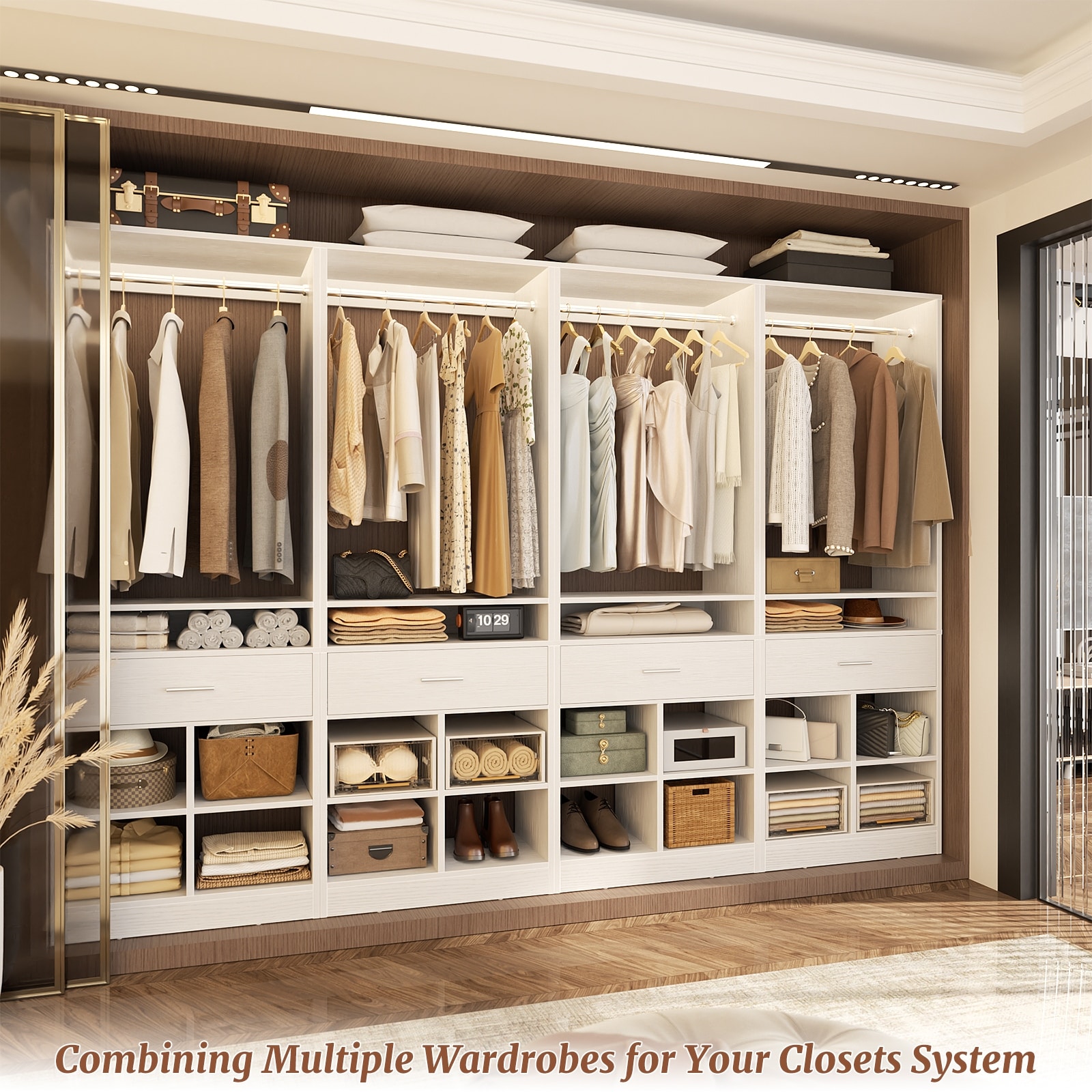 W Freestanding Closet System with Wood Drawer and Open Storage  Shelves and Hanging Rods,