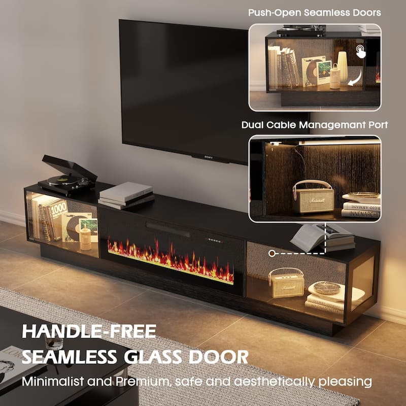 BOSSIN 80" Fireplace TV Stand with Adjustable LED Lights, Modern Entertainment Center with Glass Door Storage Cabinet, Black