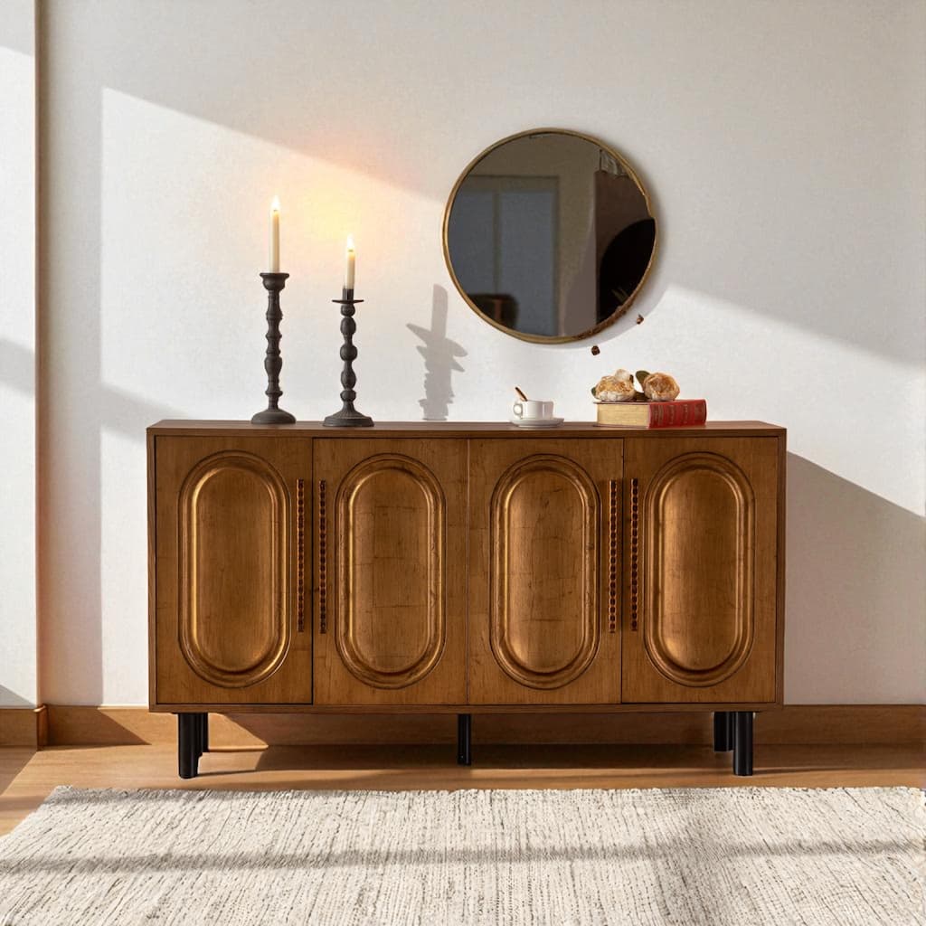 Modern Wood Sideboard Buffet Cabinet with 4 Doors, Adjustable Shelf Console Table for Dining Room or Entryway
