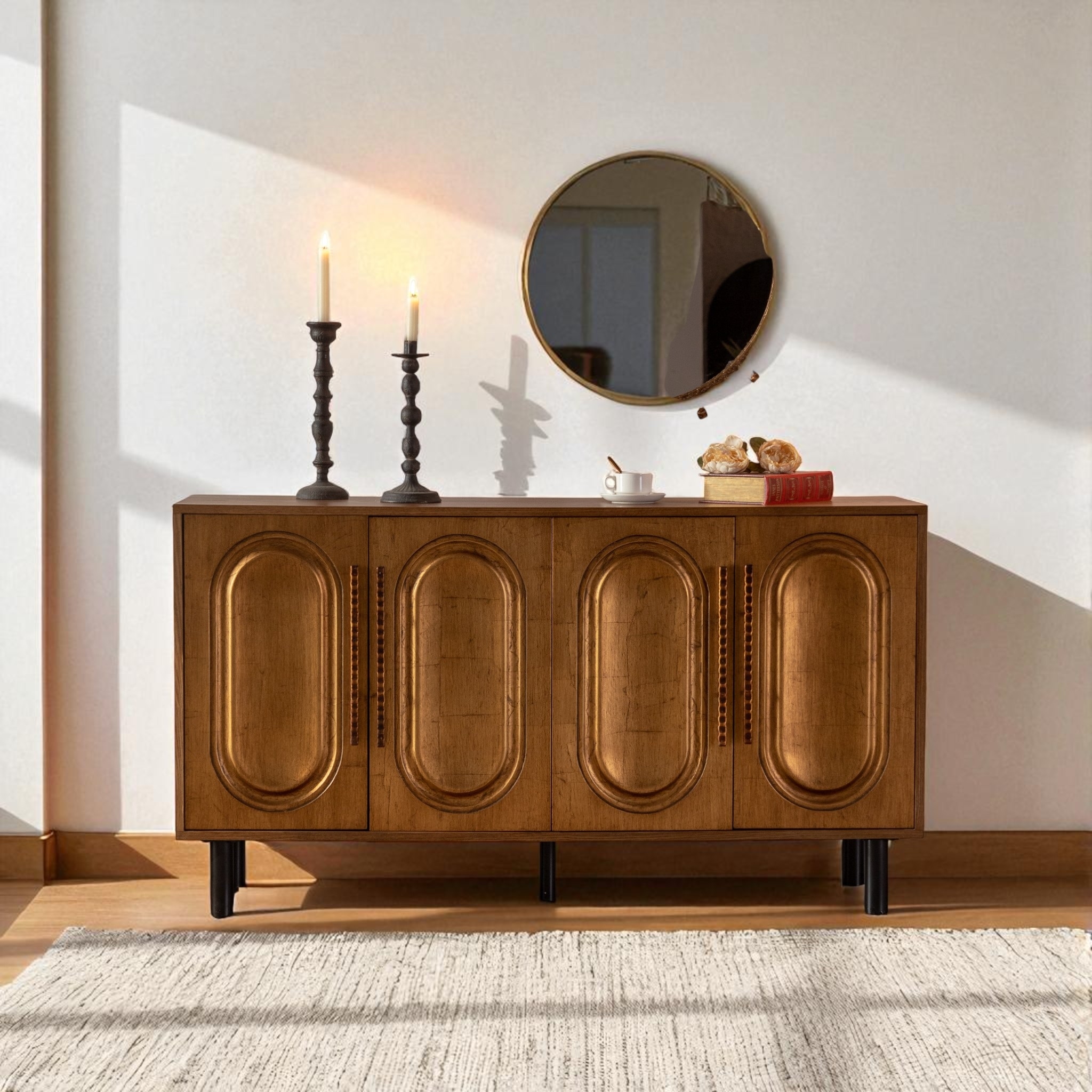 Modern Wood Sideboard Buffet Cabinet with 4 Doors, Adjustable Shelf Console Table for Dining Room or Entryway