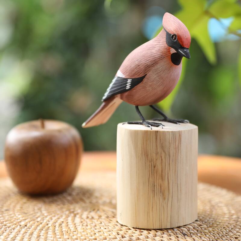 Novica Handmade Adorable Waxwing Wood Statuette