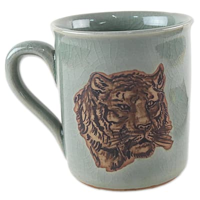 Novica Handmade Tigers Taste Celadon Ceramic Mug