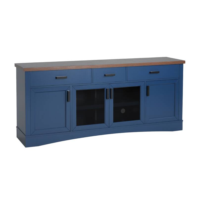 Modern Blue TV Console, 67" Width TV Stand, Glass Doors & Storage Drawers, Adjustable Shelves